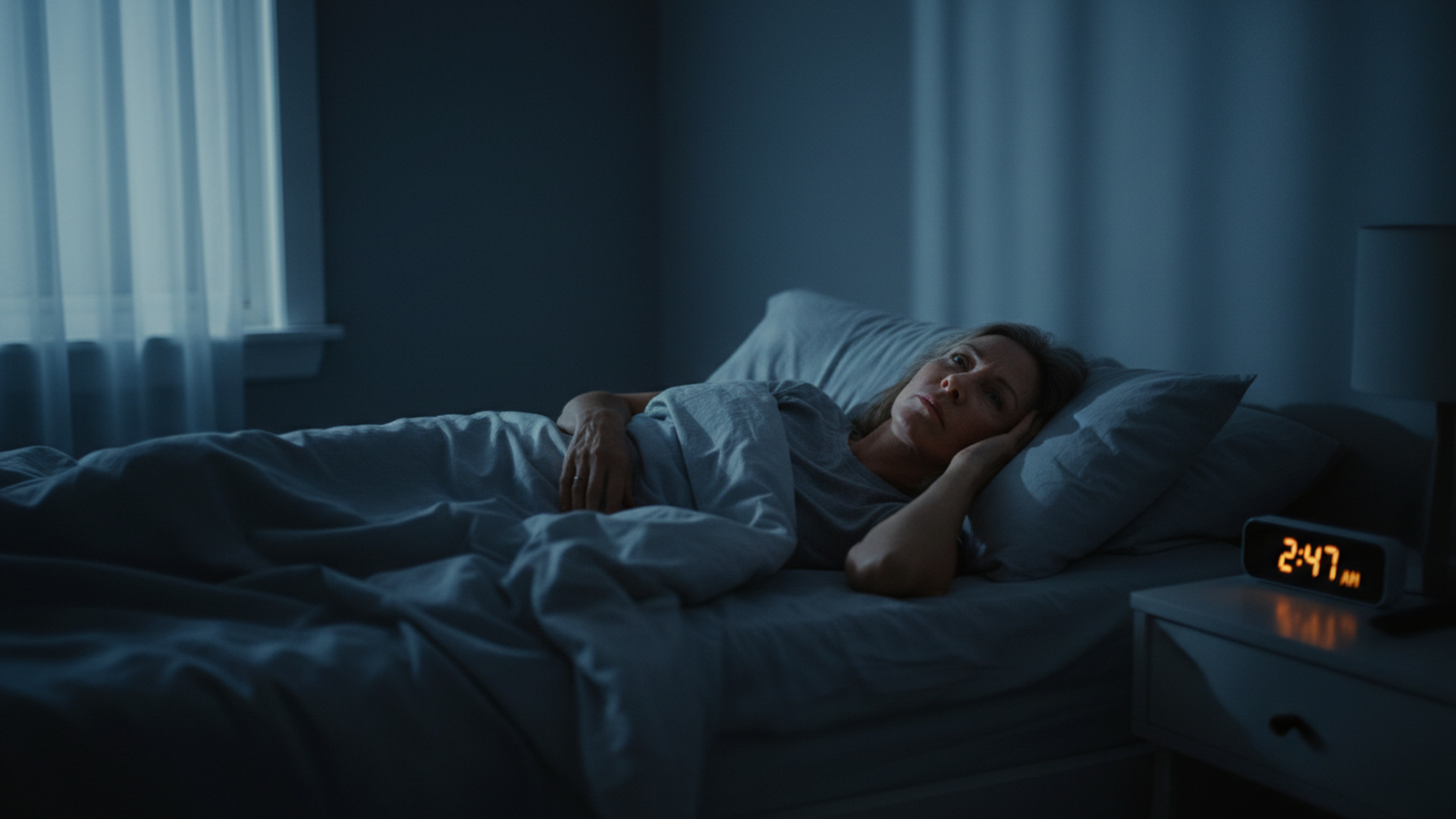 Woman lying awake in bed at night
